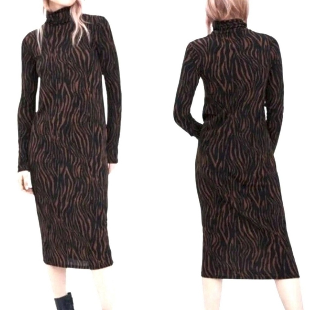 Zara Black Midi Dress Brown Black zebra tiger animal Print turtleneck longsleeve
